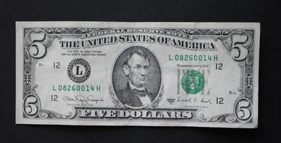 1988 A $5 San Francisco Federal Reserve Note/F-1980L/average circ/FREE SHIPPING! - Image 1 of 4