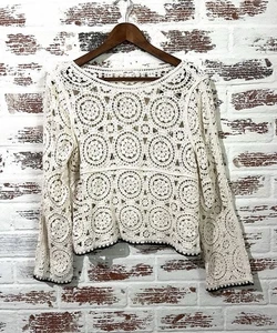 Ultra Rosa Häkeltop Boho Langarm Beachy Bohemian Ivory Creme Gr. S - Bild 1 von 9