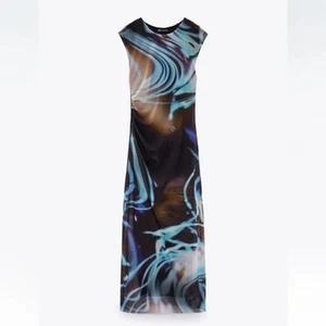 Zara Bedrucktes Tüll Kleid Ärmellos Mesh Midi Abstrakt Blau Schwarz Rüschen Medium - Bild 1 von 10