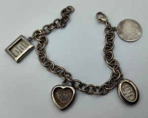 Vintage Picture Frame Charm Oval Heart Sterling Silver 925 Link Chain Bracelet - Picture 1 of 6