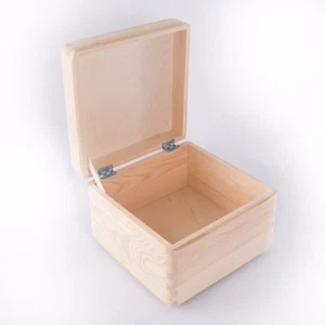 Square Wooden Storage Box With Lid / Pinewood Memory Keepsake / Decoupage Craft - Picture 1 of 7