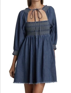 Free People This is Everything Denim-Minikleid Damen mittel gesmockter roher Saum - Bild 1 von 12