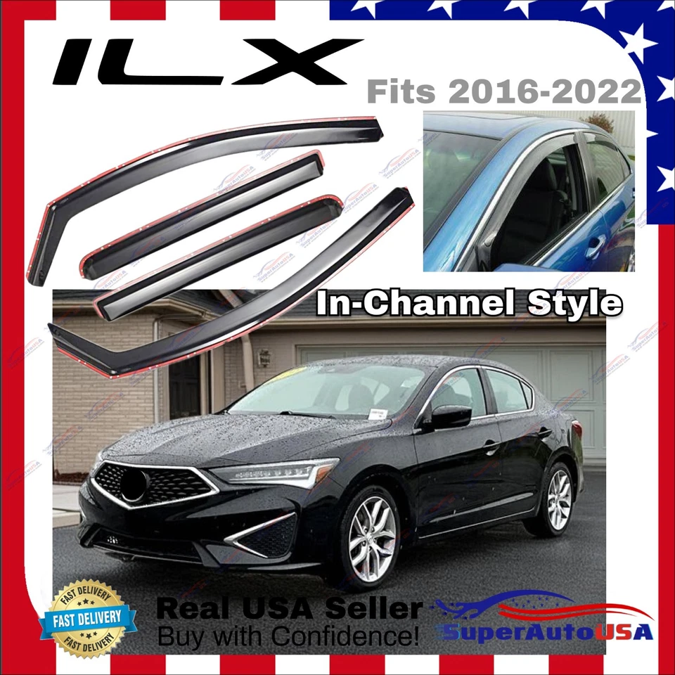 Viseras de ventana de ventilación en canal para Acura ILX 2016-2022 deflectores de protección contra la lluvia solar Foto 1 de 4