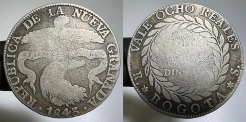 1843 Colombia 8 Reales Silver Circulated Coin RS Republic of New Granada Cover