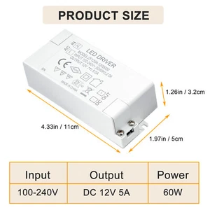 LED Driver Power Supply Transformer 100V-240V - DC 12V 60W for LED Lighting US - Picture 1 of 11