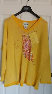 Neu Quacker Factory Pullover Damen gelb Schmetterling Pailletten Tunika Perlenstickerei 3X - Bild 1 von 11