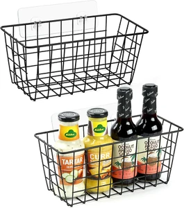 2 Pack Hanging Kitchen Baskets, Adhesive Wire Wall Storage Basket, No Drilling H - Picture 1 of 12