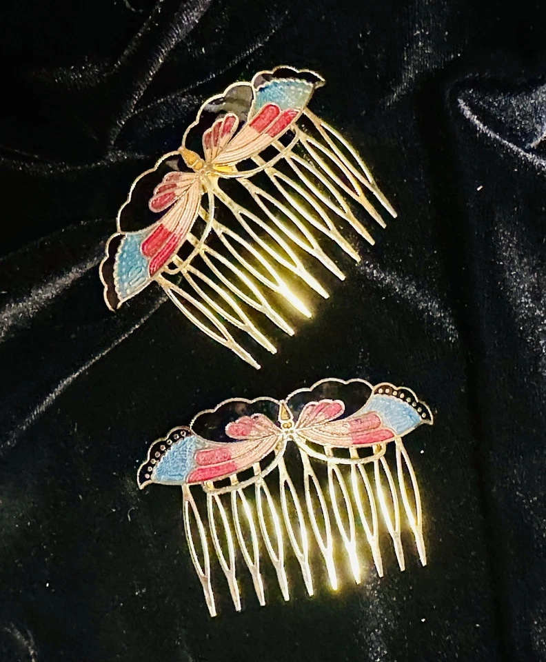 Peines de pelo florales esmaltados cloisonné vintage años 70, tono dorado, juego de 2 Foto 1 de 2