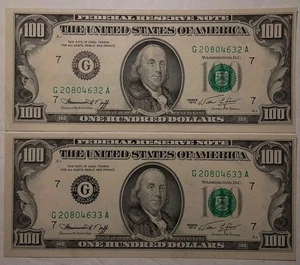 1974 $100 BILLS 2 Lot Sequential Serial Numbers Clean Crisp Authentic Currency - Picture 1 of 24