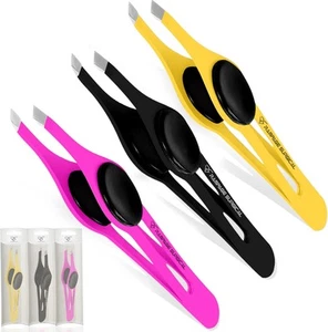 Professional Eyebrow Tweezers Slanted Tip Stainless Black&pink&yellow - Picture 1 of 8