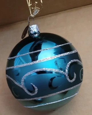 Blue Glass Silver Glitter Christmas Ornament  Vintage - Image 1 of 2
