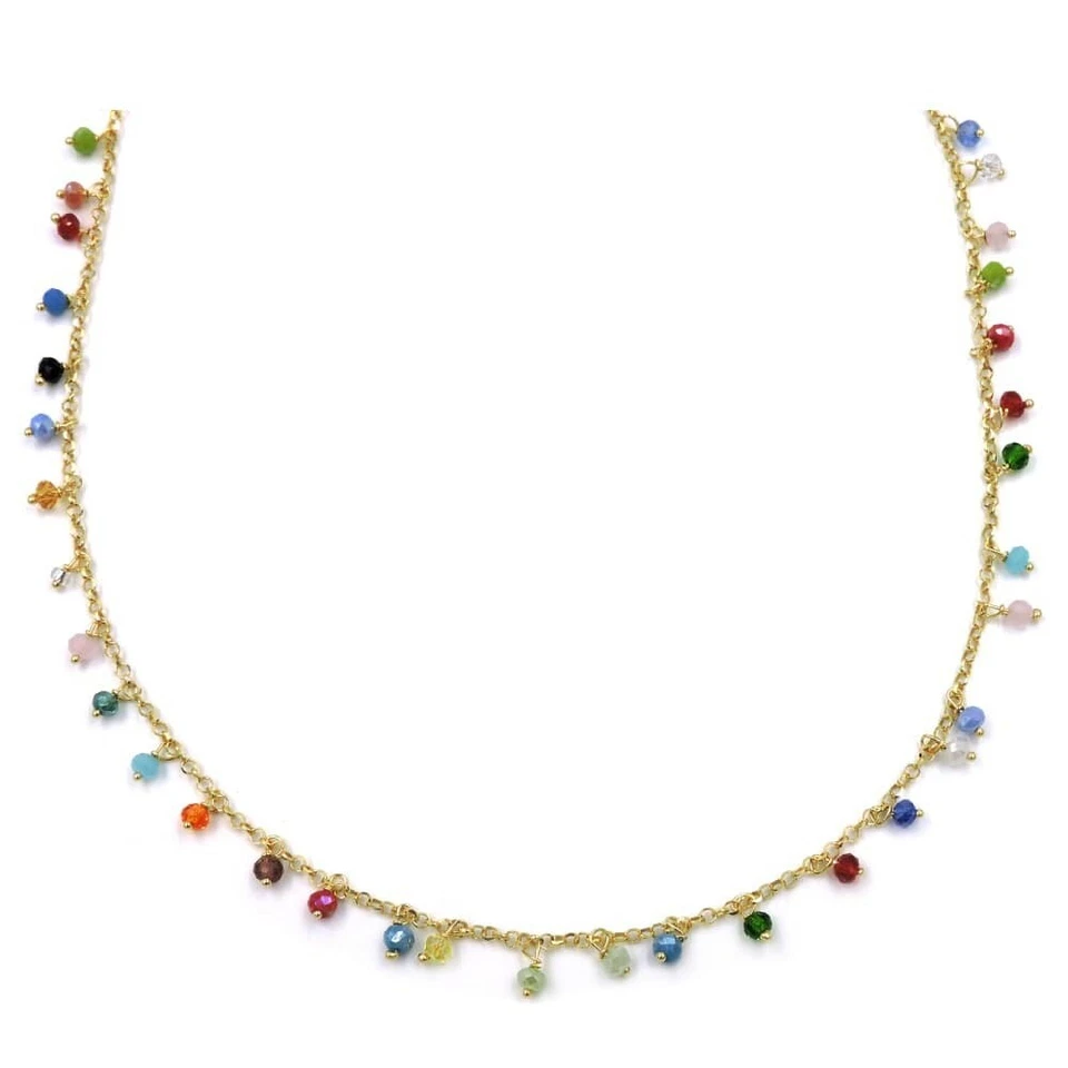 Collana in Argento 925 Placcato Oro Giallo con Zirconi Multicolore Pendenti - Immagine 1 di 4