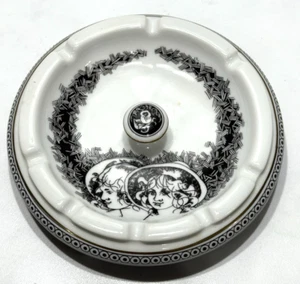 VINTAGE HOLLOHAZA HUNGARY PORCELAIN ASHTRAY BLACK &WHITE WITH GOLD TRIM 6"x1.5" - Picture 1 of 8