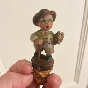Vintage German Hand Carved Wood Man flowers, backpack, cane, Cork Stopper - Picture 1 of 9