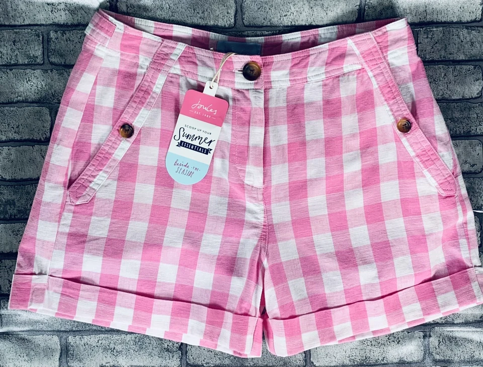 Joules Lydia Pink White Gingham Cuffed Hem Cotton & Linen Shorts Women’s Size 10