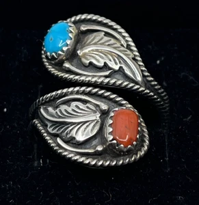 Vintage Indianer Silber Türkis Koralle Ring Größe 8 Bypass Adj signiert R.B - Bild 1 von 8
