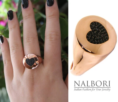 anello argento 925 scudo tondo sigillo cuore zirconi regolabile oro rosa rodio - Immagine 1 di 3