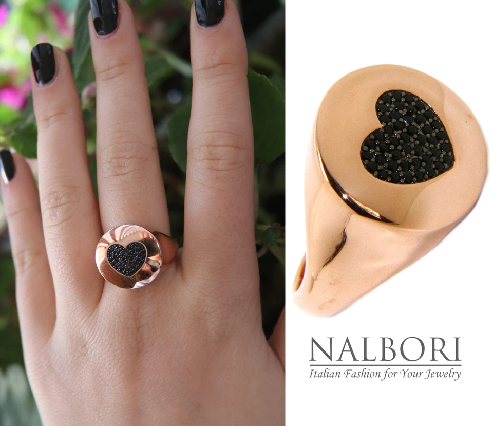 anello argento 925 scudo tondo sigillo cuore zirconi regolabile oro rosa rodio - Immagine 1 di 3