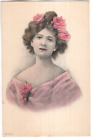 ANTIQUE Postcard       PRETTY YOUNG LADY IN PINK, PINK ROSES IN HER HAIR