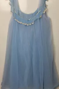Blue Women's Lingerie NIghtgown Sleeveless Ruffled Neckline with Lace Knee Lengt - Picture 1 of 4