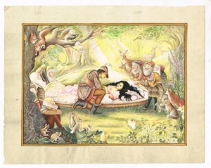 Blancanieves y los siete enanitos pintura a mano arte en miniatura sobre papel 12x9,5 pulgadas - Imagen 1 de 5