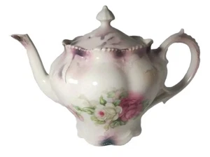 Antique RS Prussia Porcelain Art Deco Style Teapot w Pink & White Roses, Purple - Picture 1 of 14