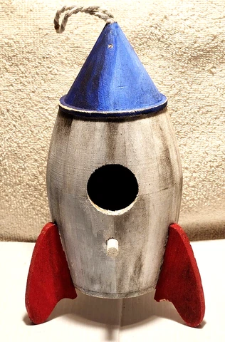 VINTAGE Folk Art Birdhouse Wooden HandPainted Rocket Ship Space Age Home Décor Cover