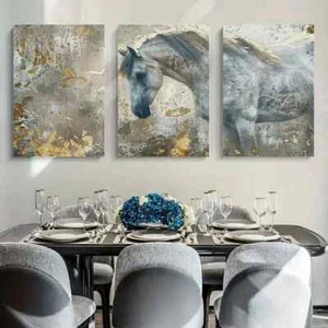 Lienzo pintura abstracta caballo blanco sin marco 3 piezas - Imagen 1 de 9