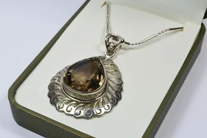 Beautiful Sterling Silver Teardrop Smokey Quartz Pendant and Lovely Chain - Picture 1 of 3