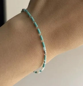 Petite Turquoise Blue seed Bead Beaded Minimalist Friendship Bracelet For Woman - Picture 1 of 6
