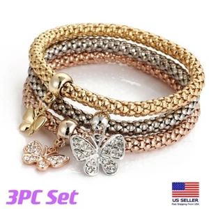 Women 3PC Set Jewelry Wrist Bracelets Crystal Butterfly Tricolor Pendant 0483 - Picture 1 of 7