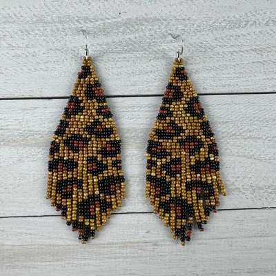 Brown Travertine Leopard Seed Bead Beaded Dangle Drop Earrings Handmade Unique - Image 1 of 4