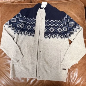 NWT Barbour Fair Isle Button Cardigan Men's Size L 100% Wool Knit Gray/Blue - Picture 1 of 14
