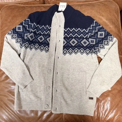 NWT Barbour Fair Isle Button Cardigan Men's Size L 100% Wool Knit Gray/Blue - Image 1 of 4