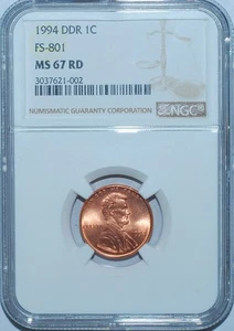 1994 NGC MS67RD FS-801 Red Double Doubled Die Reverse Lincoln Cent Tied 4 Finest - Picture 1 of 3