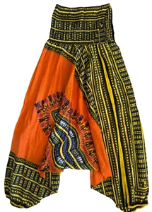 AFRICAN DASHIKI HAREM PANTS JUMPSUIT ROMPER ORANGE BLUE COTTON WOMENS FREE SIZE - Picture 1 of 22