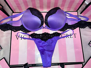 Victorias Secret  Bombshell Bra Satin & Lace Thong Small Purple 34A