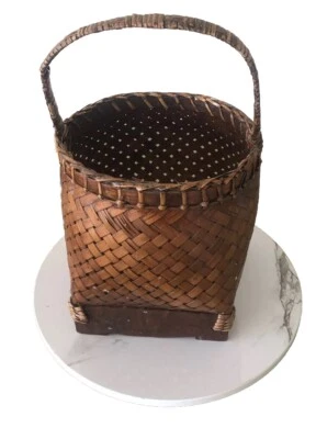 Farmhouse Rustic Woven Basket With Handle Dark Brown Primitive Rustic - Image 1 of 4