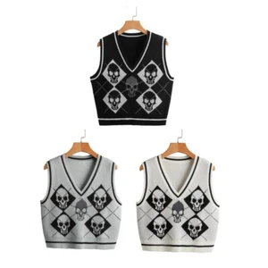 Women Knit Sleeveless Vest Skull Argyle Print V-Neck Slim Sweater for - Picture 1 of 17