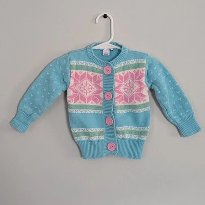 HARTSTRINGS Snowflake Aqua Pink Winter Button Up Sweater Cardigan Girls Sz 2T - Image 1 of 4