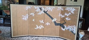Japanese Folding Screen Cherry Blossoms and Birds Hand Painted on Silk Byobu - Picture 1 of 9