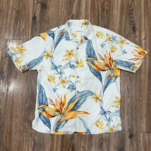 Tommy Bahama Mens L Hawaiian Shirt 100% Silk Aloha Floral Birds Of Paradise Blue - Picture 1 of 18