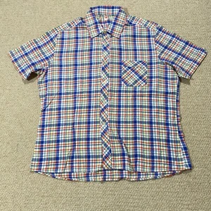 VINTAGE 70s Flannel Shirt Mens Medium SHORT Plaid Short Sleeve Textured Mod - Picture 1 of 11