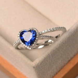 1.39Ct Heart Cut Real Natural Sapphire Diamond Wedding Ring Set 14K White Gold - Picture 1 of 6