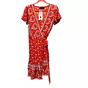NEW Zesica Wrap Dress Size Medium Orange Boho Ruffle Tie Lightweight - Picture 1 of 8