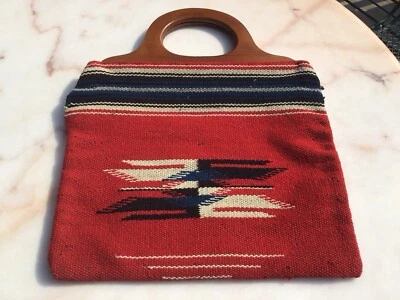 Vintage Chimayo Purse By Ganscraft Red, Blue, Black & Cream Wood Handle ~Wool - Image 1 of 4