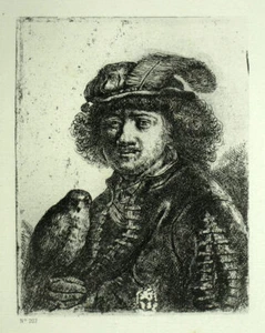 REMBRANDT AU FAUCON, FAUCONNERIE gravure eau forte de Rembrandt tirage 1880 - Imagen 1 de 2