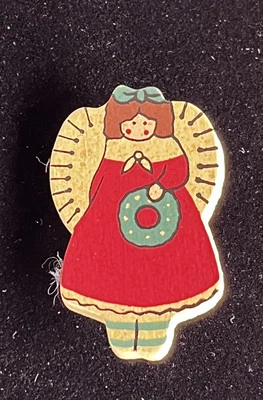 Vintage 1980s Wooden Style Angel Christmas Lapel Pin Brooch - Image 1 of 3