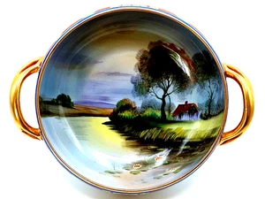 Vintage Noritake Console Bowl Hand-Painted Landscape Scene Gold Trim Cabin/Lake - Picture 1 of 16