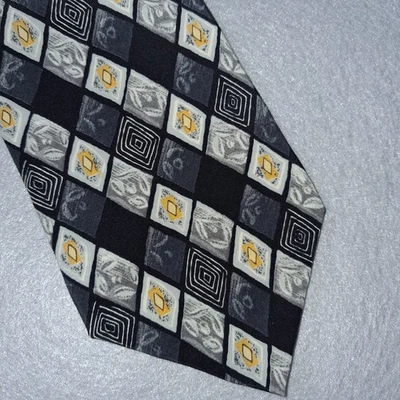 Henry Grethel 100% 意大利丝绸领带几何黑色灰色金色美国制造 57 — 第 1/4 张图片